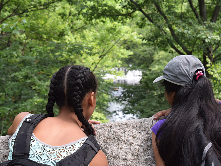 Two girls are observing woods