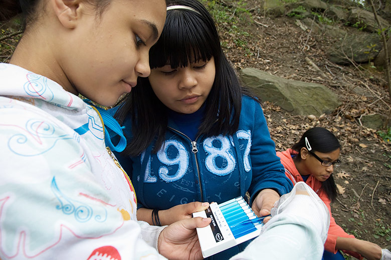 Two girls using a colorimetric chemical test to measure the dissolved oxygen in the water of a stream