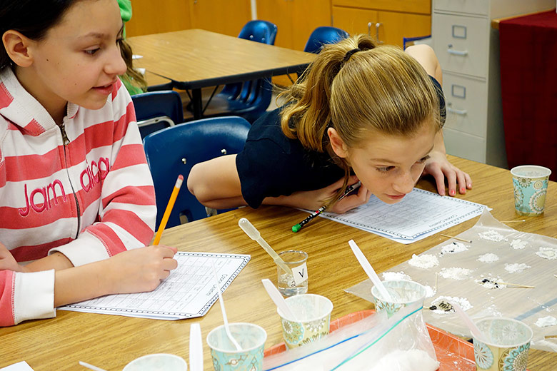 Two girls adding a few drops of different liquids to a white powdered material and recording their observations of the reaction in a chart