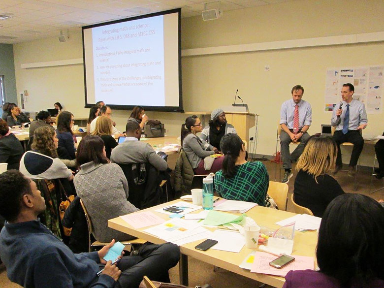Img-responsive A panel of staff from different Urban Advantage schools speaking to Administrators at a Leadership Breakfast about how they work with teachers integrate math and science into the curriculum